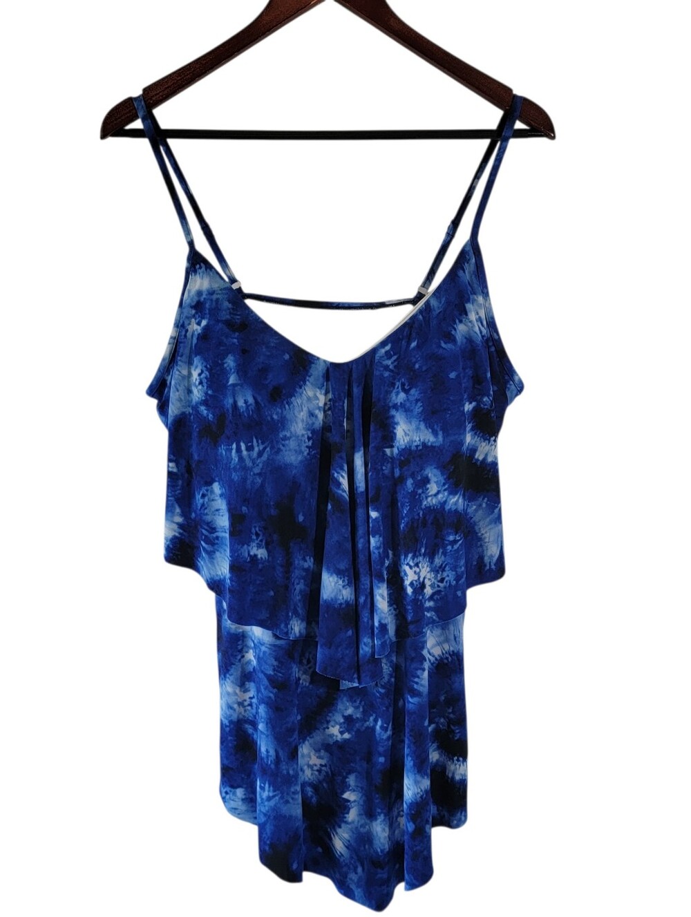 Trimshaper Blue Navy Tankini Swim Top Sz 18 Ruffle Tiered Vacation Beach Summer